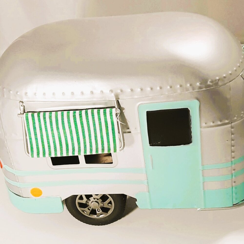 Decorative Metal Miniature Travel Trailer With Geen Striped Awnings